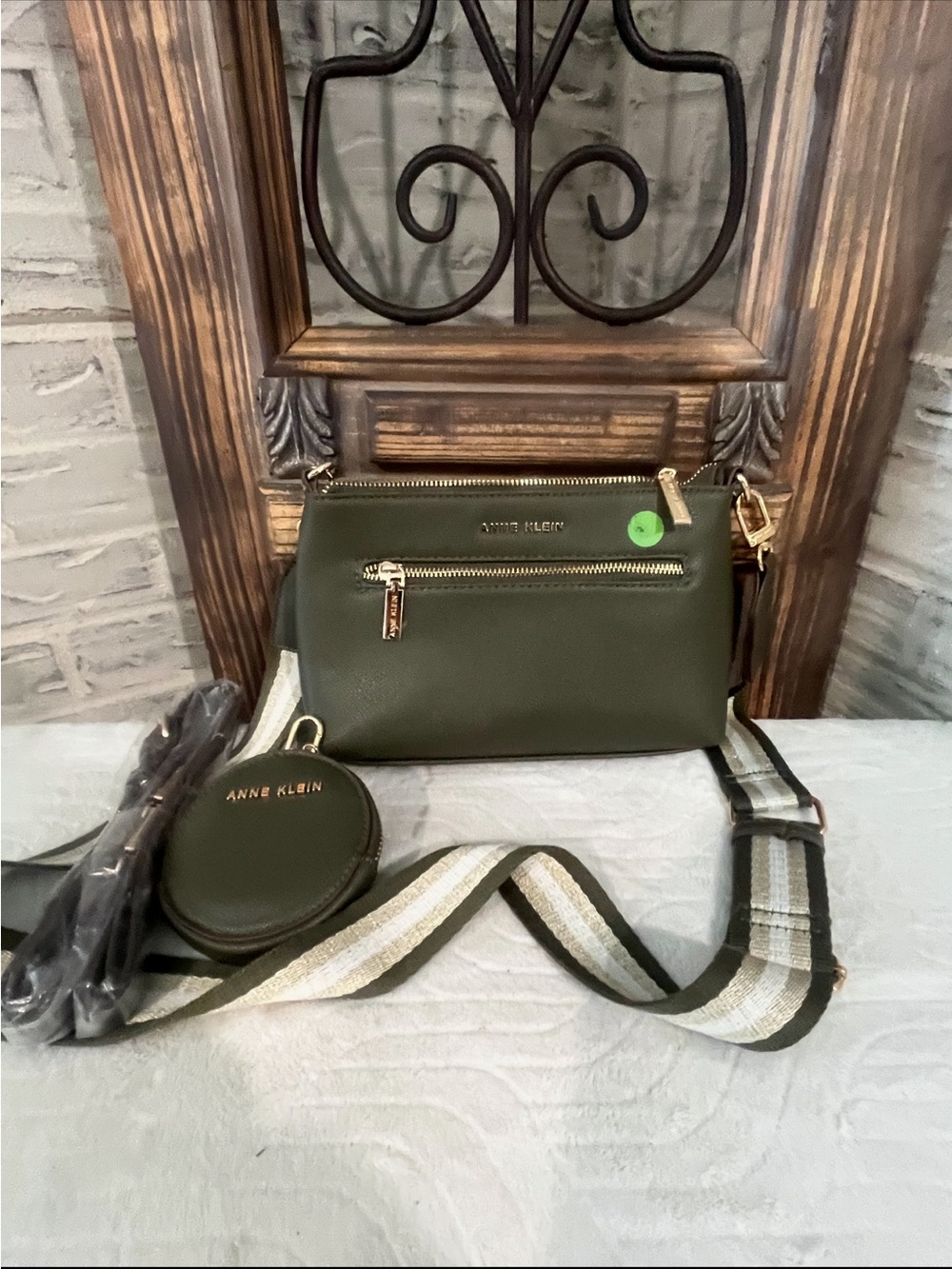 Anne Klein Olive Green Crossbody with Removable Striped Strap and Coin Pouch